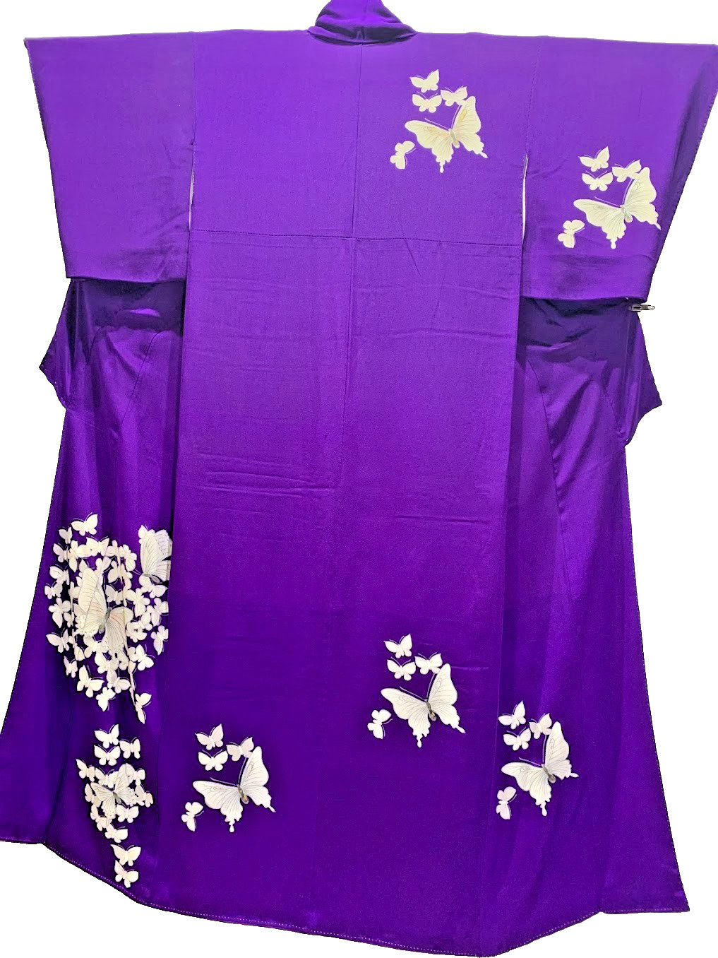 VINTAGE Silk Houmongi Kimono Kinsha Chirimen Butterfly Purple M Traditional Art