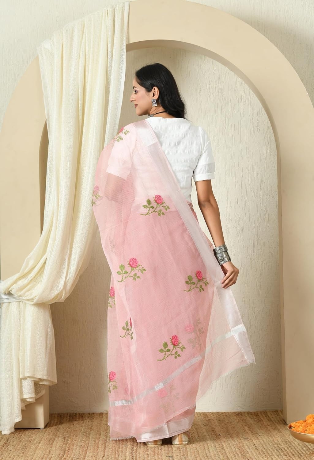 Women’s Kota Doria Pure Cotton Embroidery Saree With Blouse Piece