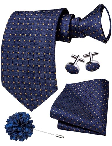 Zipper Ties for Men Pre-Tied Tie Set Silk Paisley Adjustable D Navy Blue