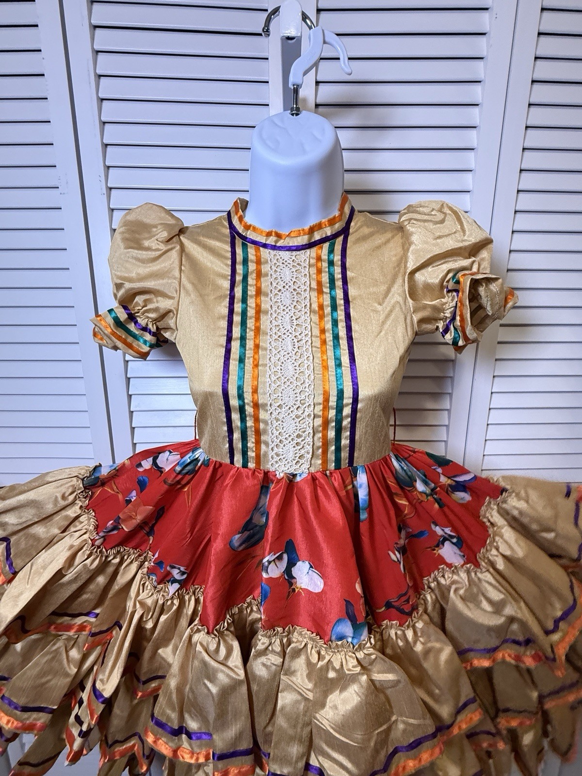 Mexican Folkloric Dance Dress Gold With Purple Orange Ribbon Older Child