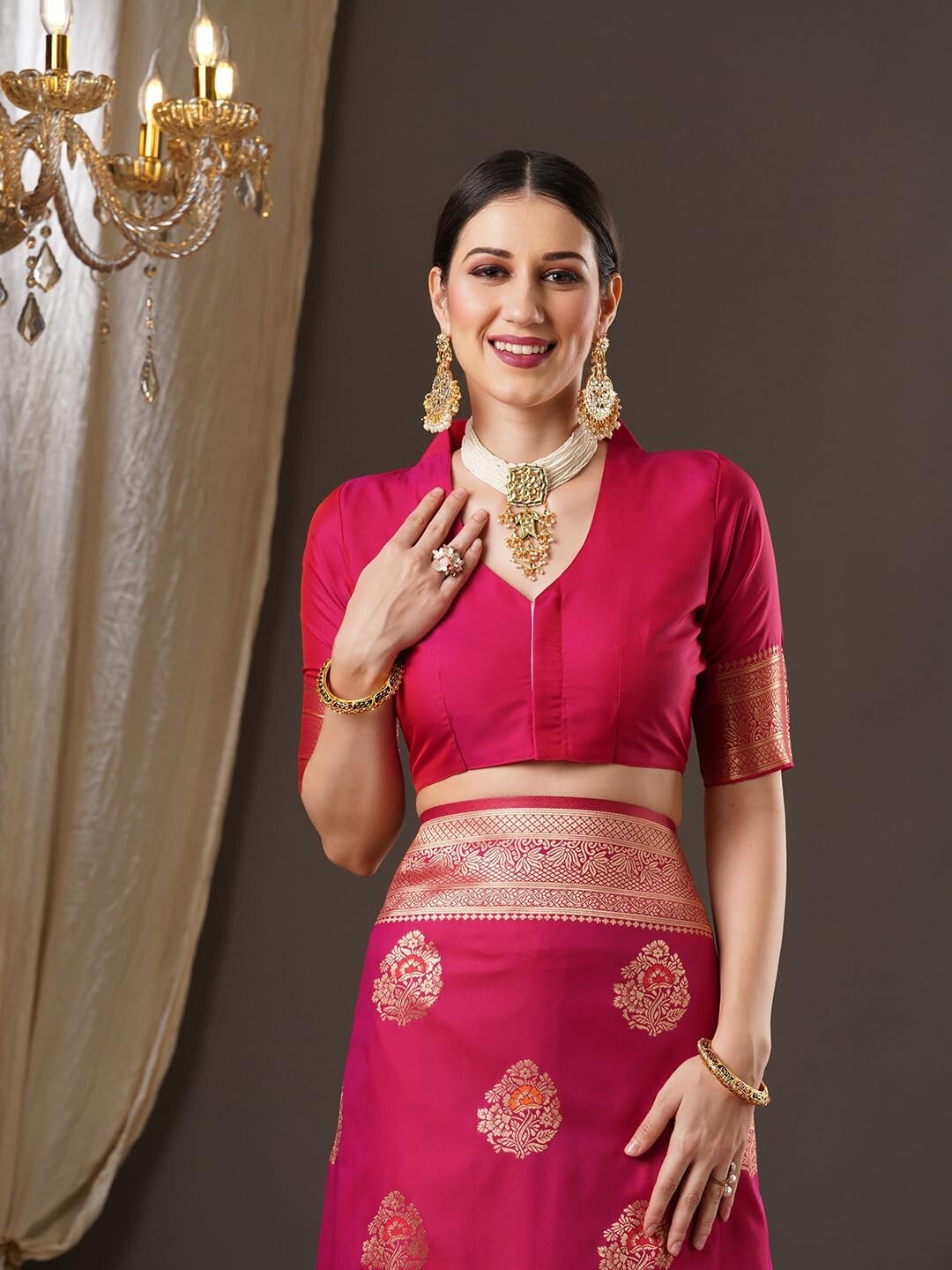 Women’s Banarasi Silk Blend Ethnic Motif Zari Work Saree With Unstitched Blouse