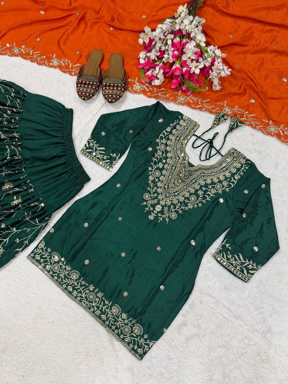 Party Wear Green Heavy Chinon Top Dhoti With Dupatta For Festival Wear