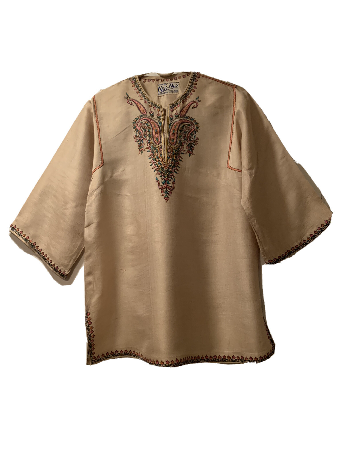 Designer Blouse Kurta Top 100% Natural Beige 100% Silk w Kashmir Hand Embroidery