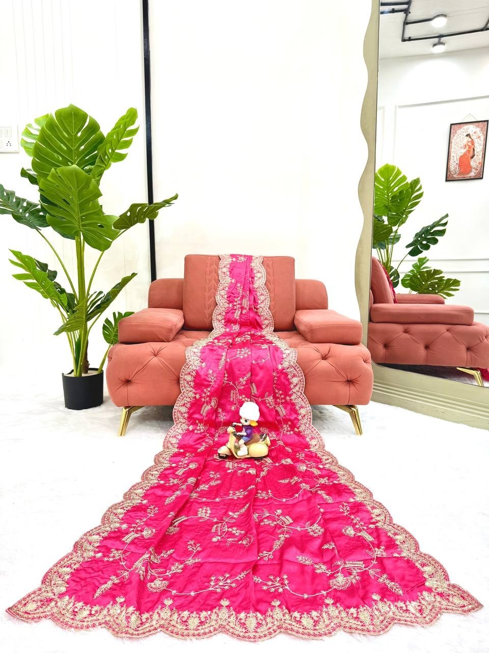 Indian Style Heavy Japan Satin Silk Pink Saree With Blouse For Wedding & party