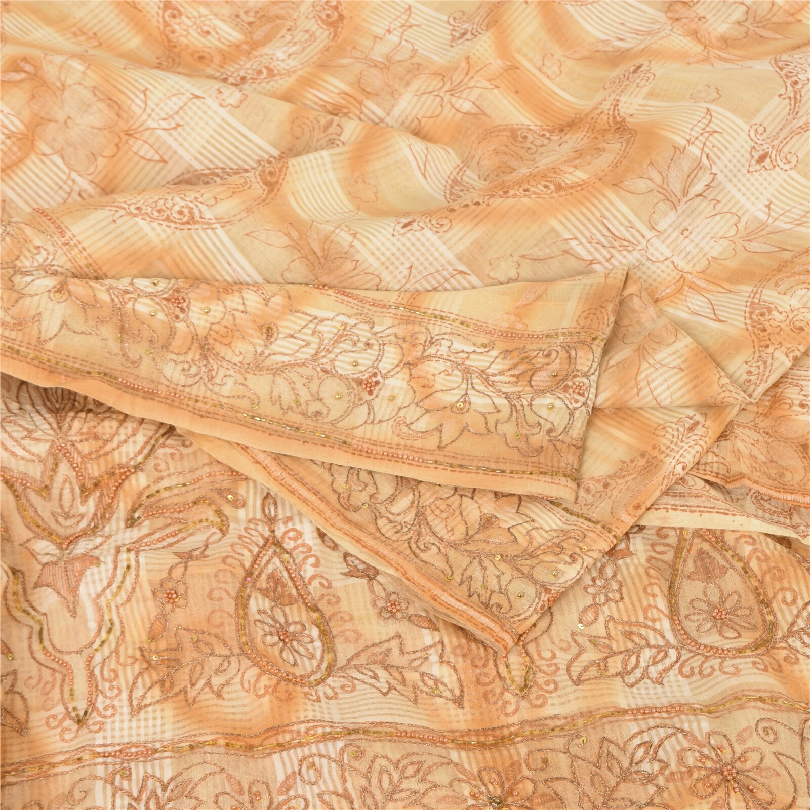 Sanskriti Vintage Cream Sarees Pure Cotton Hand Beaded Printed Sari Craft Fabric