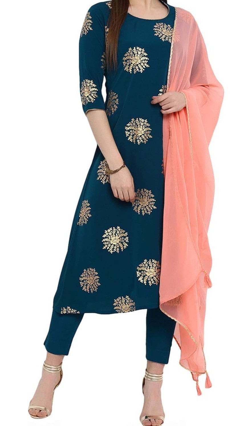 NWT Janasya Kurta Pant Dupatta 2X Teal US Polyester Crepe