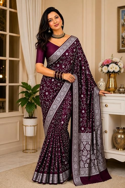 Banarasi Satin Kanjivaram Saree Silver Zari Border Pure Soft Blend Silk Sari Kan