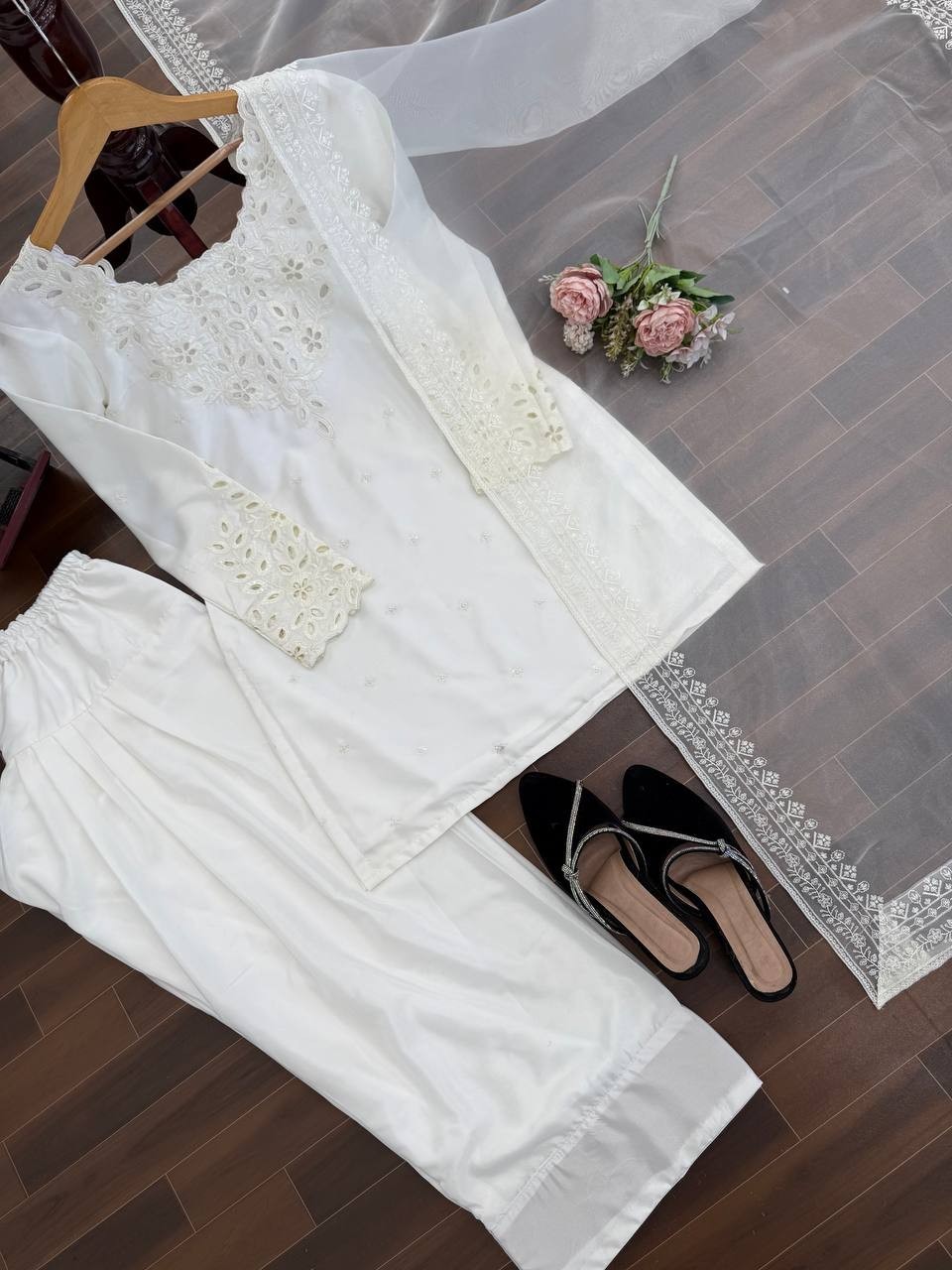 Ethnic Wear Natural Crep White Top Bottom With Dupatta For Women And Girls
