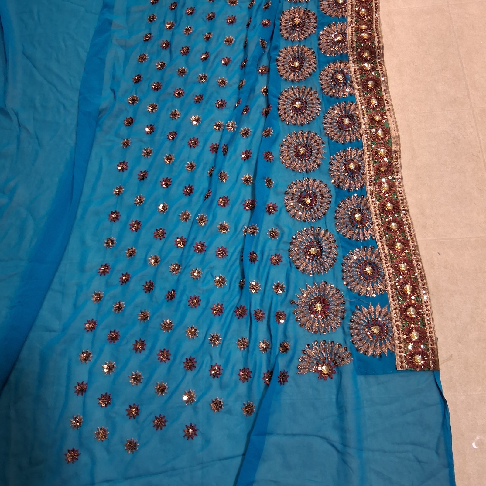 Indian Sari Saree Set Teal Blue Sequin Beaded Wedding Party w/ Blouse dress
