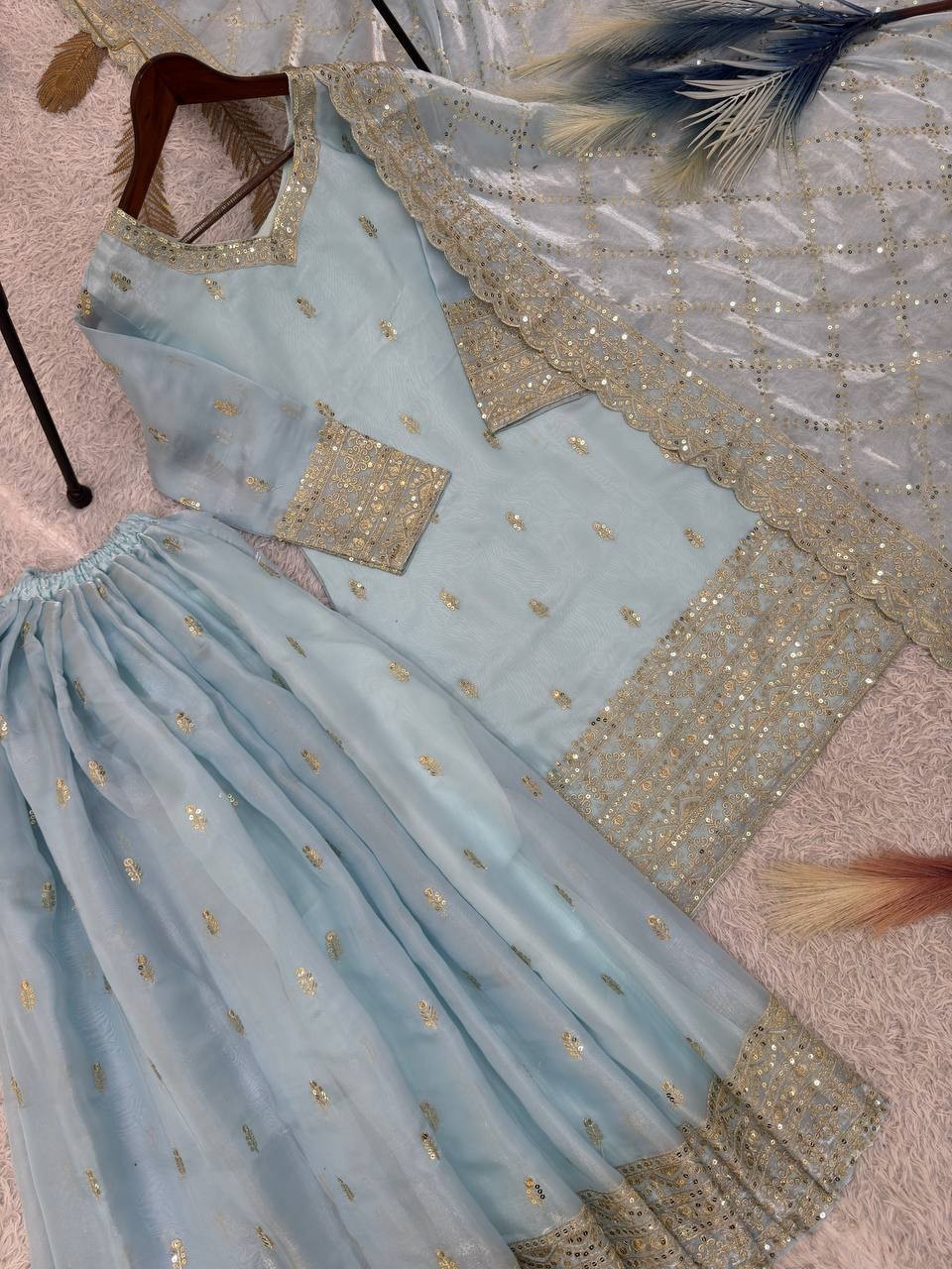 Latest Presenting Silk Sky Blue Top Palazzo With Dupatta For Indian Party Wear