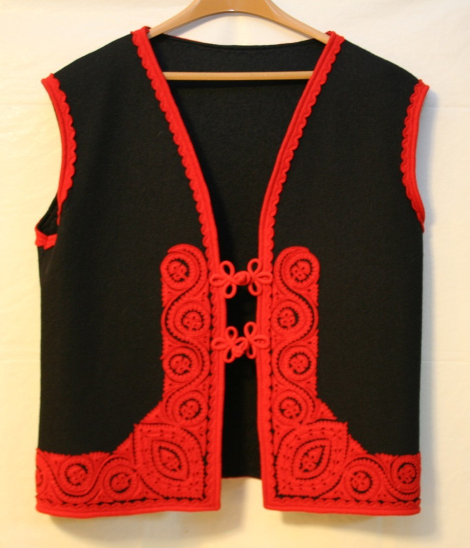 Hungarian Folk Art Embroidered Black & Red Vest with Frog Closure