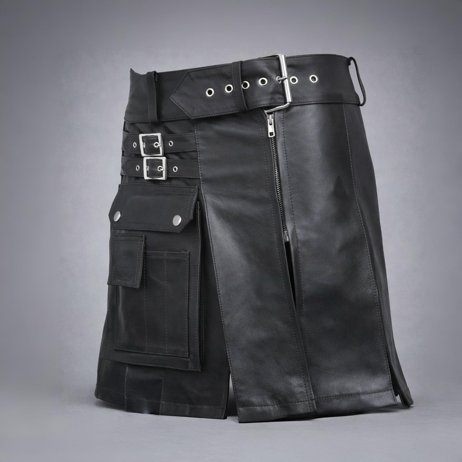 Scottish Handmade Traditional Kilt Leather Utility Kilt for Men Cargo Pockets