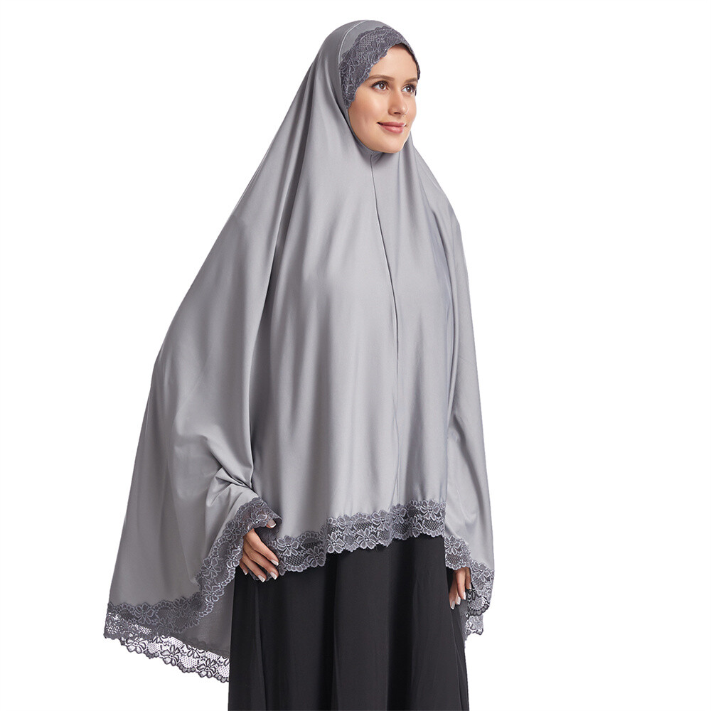 Muslim Women Ramadan Scarf Hijab Islam Prayer Turban Amair Lace Trim Headcover