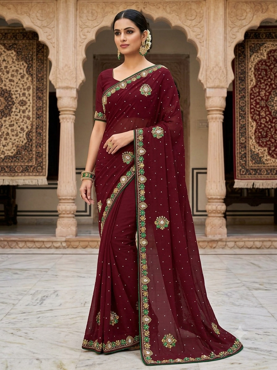 Women Maroon Pure Georgette Handwork Saree with Unstitched Blouse Piece