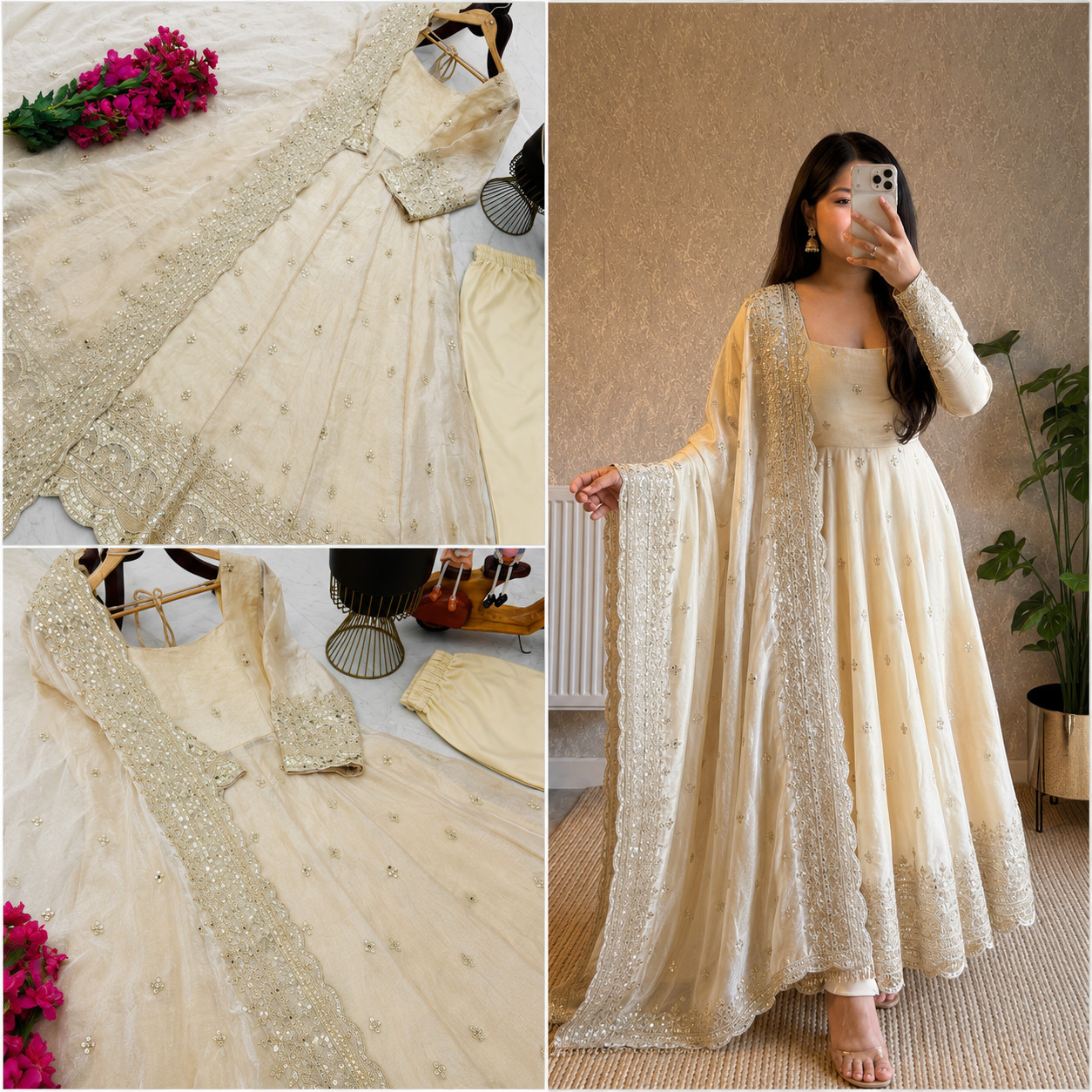 Cream Fendy Silk Embroidered Ready Made Anarkali Suit Festive Ethnic Wear Set L
