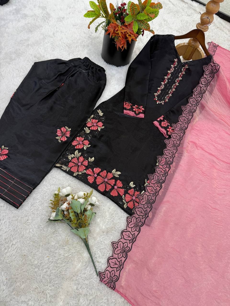 Ethnic Wear Roman Glass Silk Black Salwar Kameez With Dupatta For Women & Girls