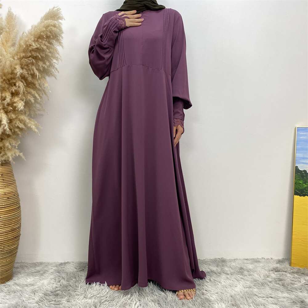 Women Loose Robe Muslim Dress Kaftan Solid Color Lace Sleeve Abaya Simple Burqa
