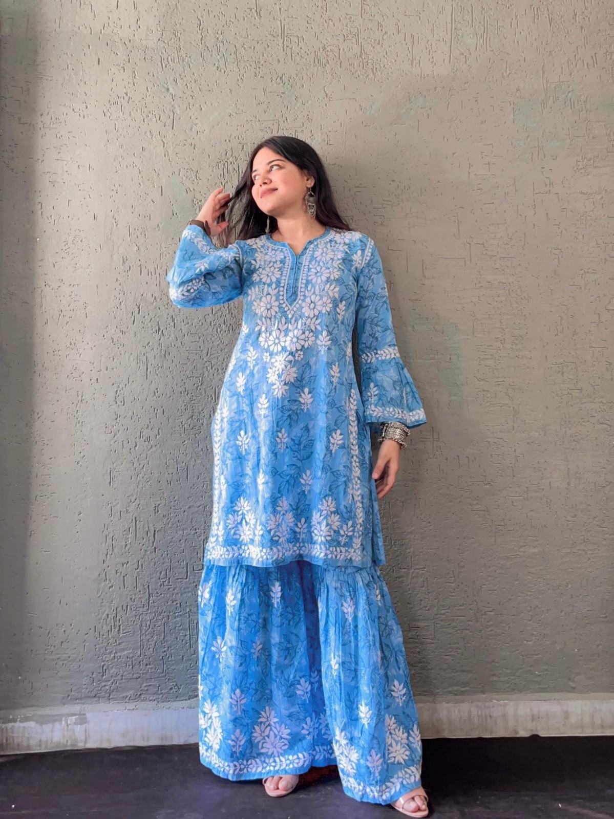 Premium Lucknowi Chikankari Printed Mal Mal Bell Sleeves Co-Ord Gharara Set