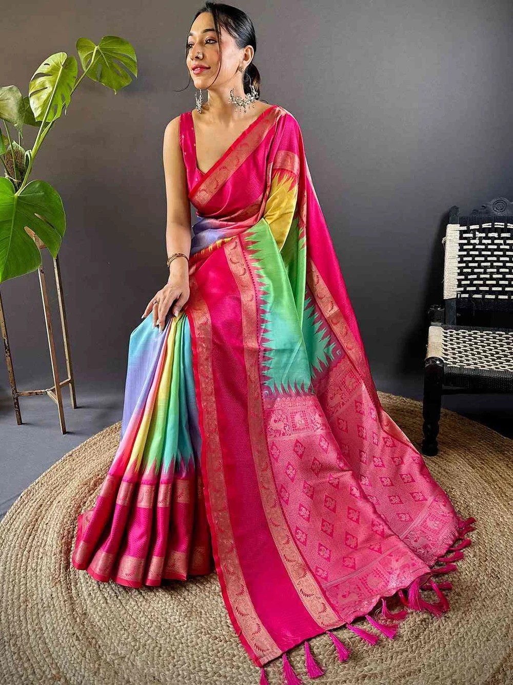 Women Rainbow Soft Silk Ikkat Saree With Blouse Unstitched Piece