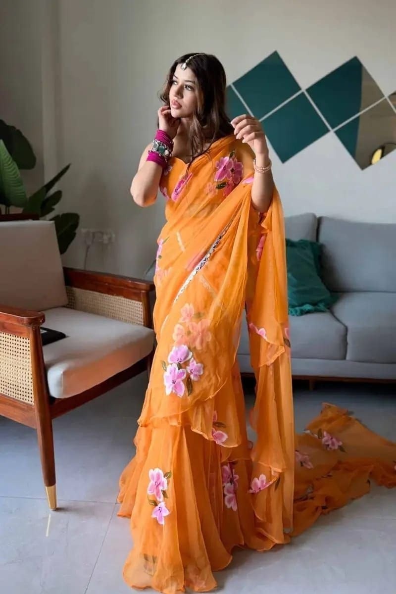 Orange Pre Draped Saree Lehenga Style Georgette Ruffle Dupatta Party Wear