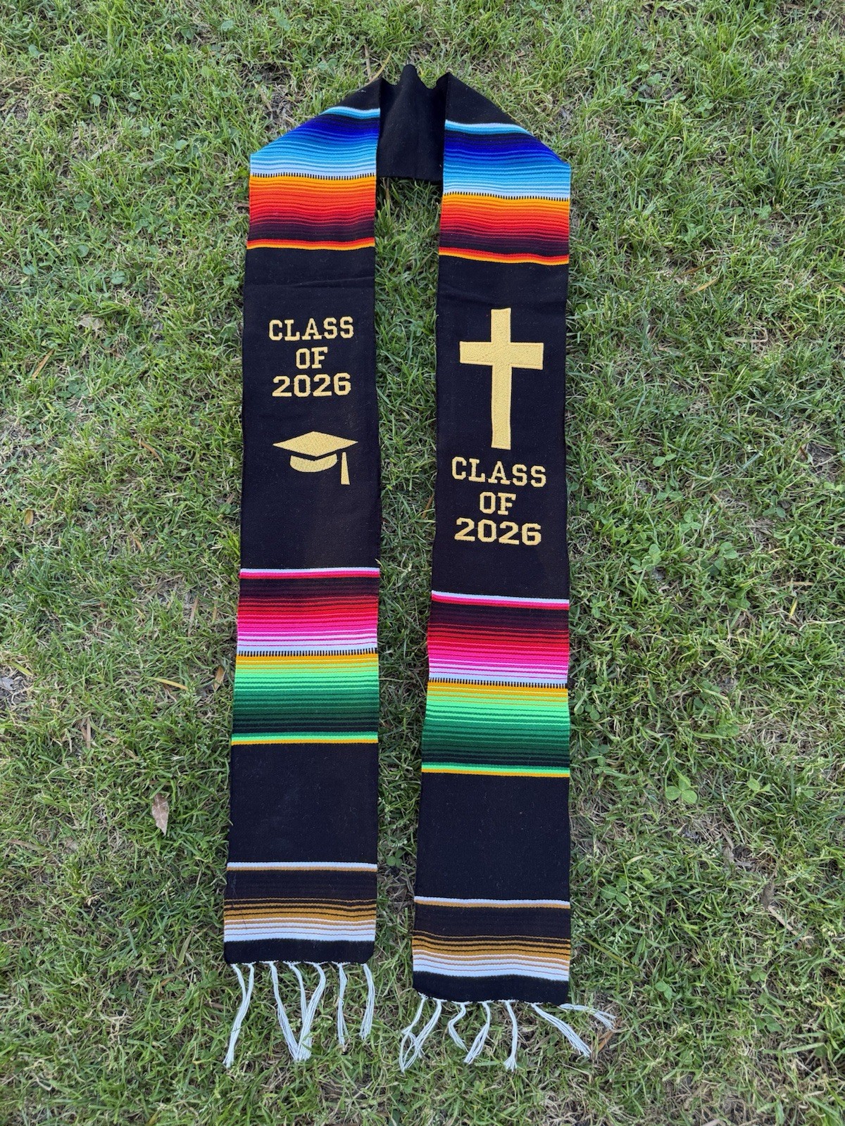 Serape Graduation Sash Class of 2026 Multicolor Latin American Cross Cap Design