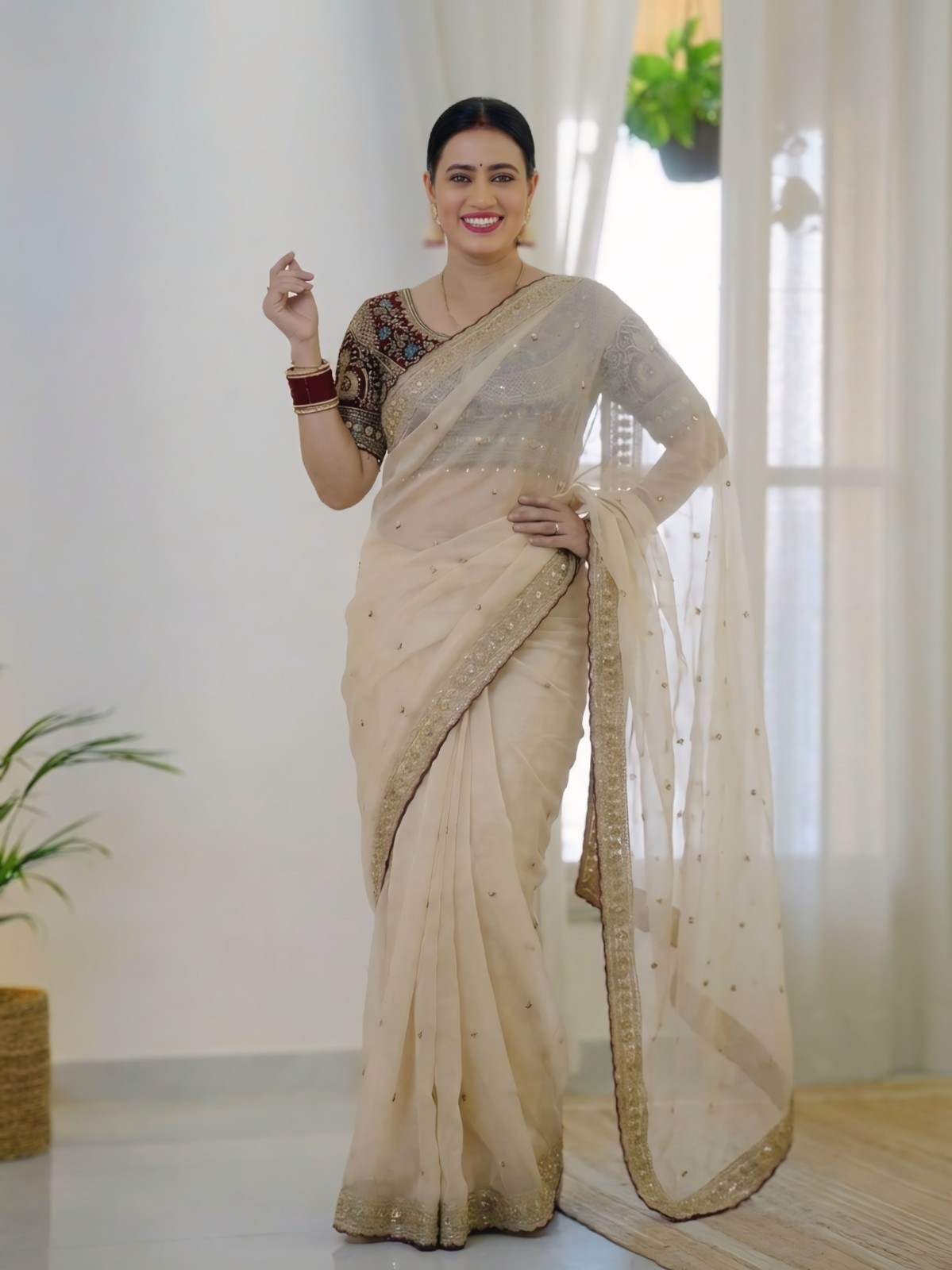 Off White Organza Saree Heavy Embroidered Designer Maroon Blouse Wedding Wear