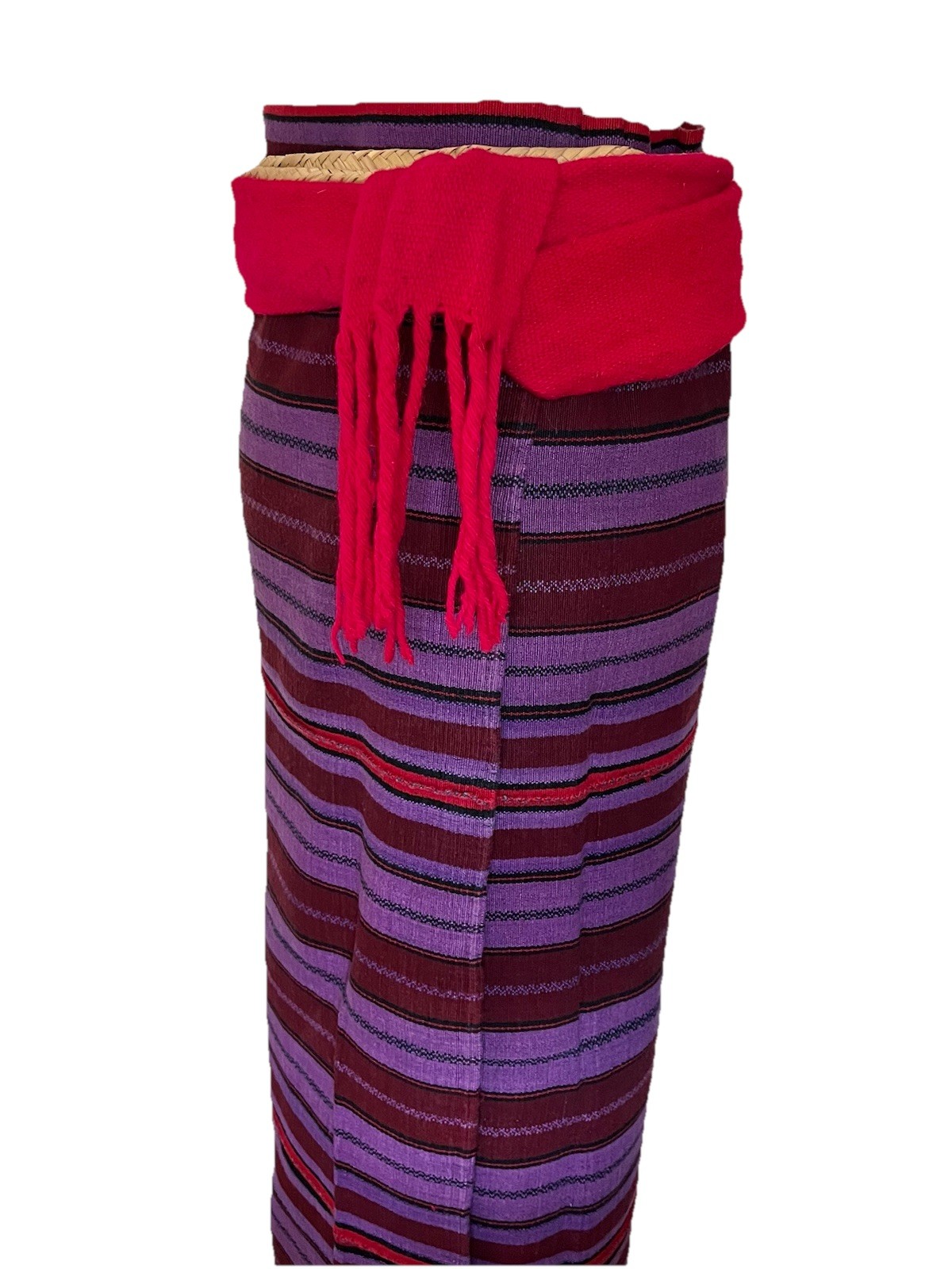 Rare 106″ MAYAN Woven Natural Rattan & Wool BELT Red From Mexico Vintage Rare