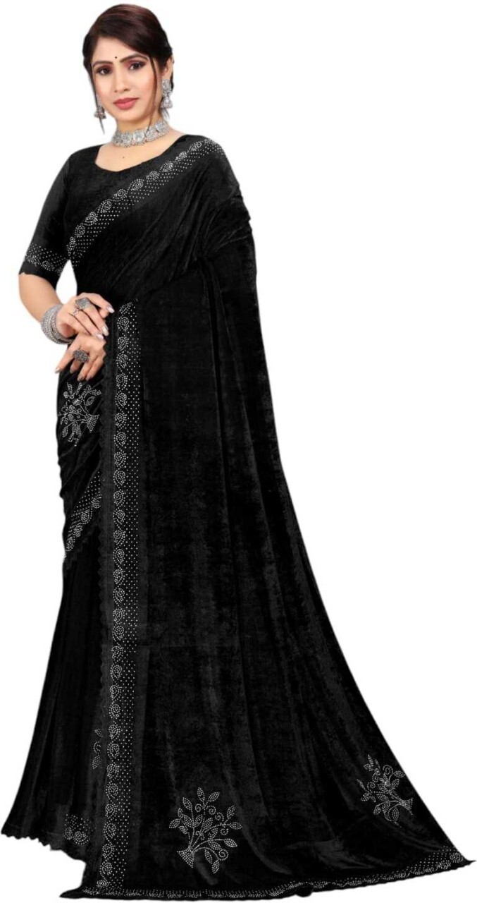 Embroidered Bollywood Velvet Saree (Black)