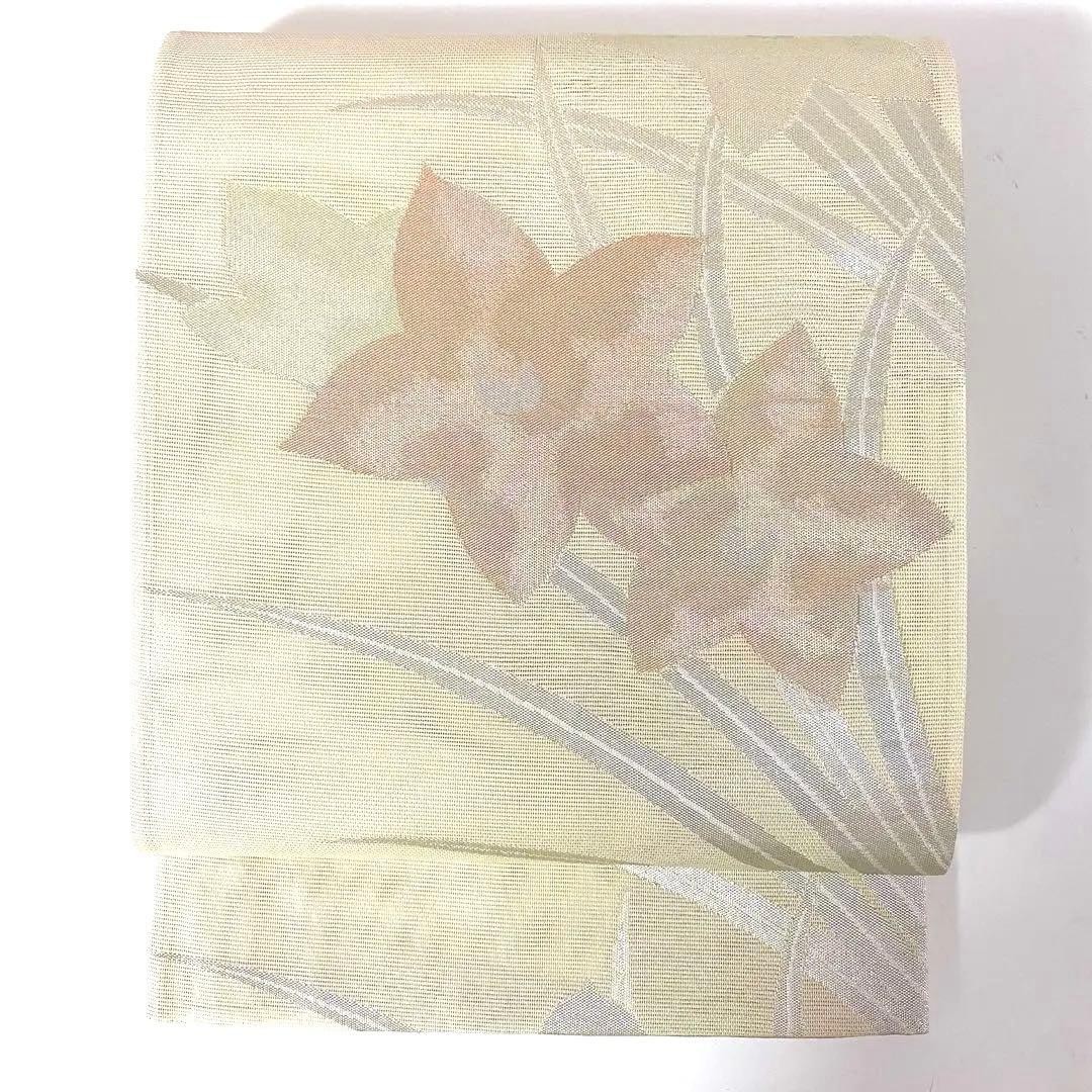 Japanese Summer Sha Fukuro Obi Beige White Silver Orange Floral Sash