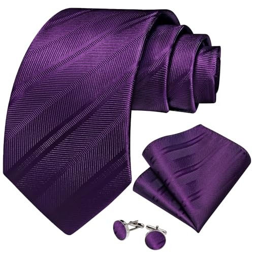 Mens Tie Set Silk Solid Paisley Necktie and Pocket Square Dark Purple