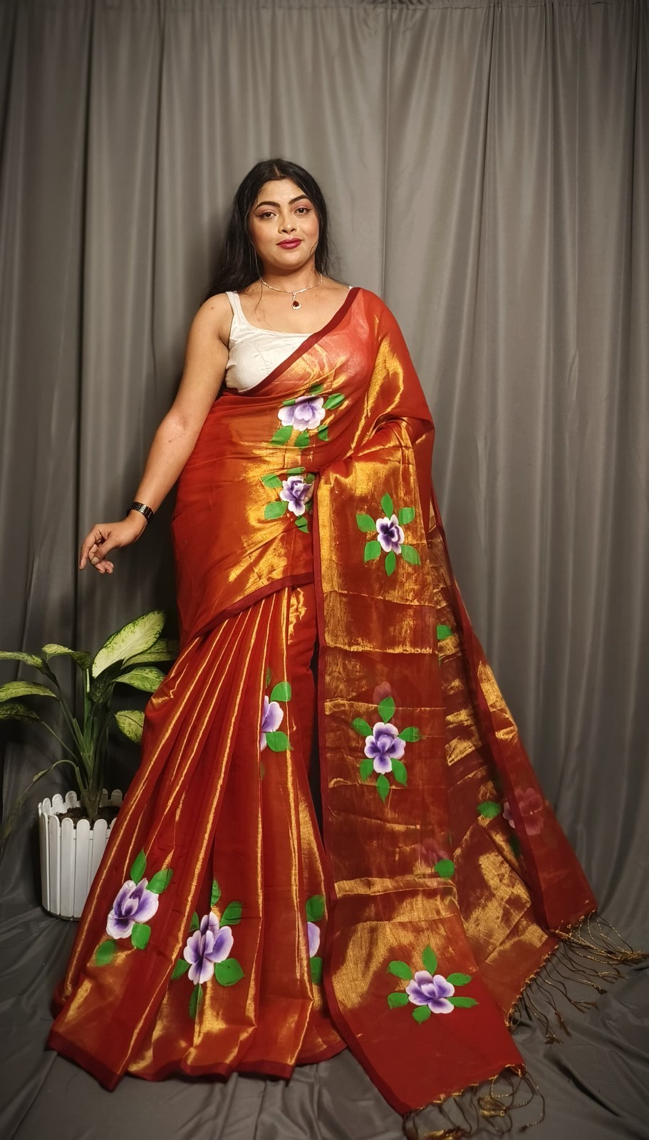 flower handpint tissue indian wedding saree sari