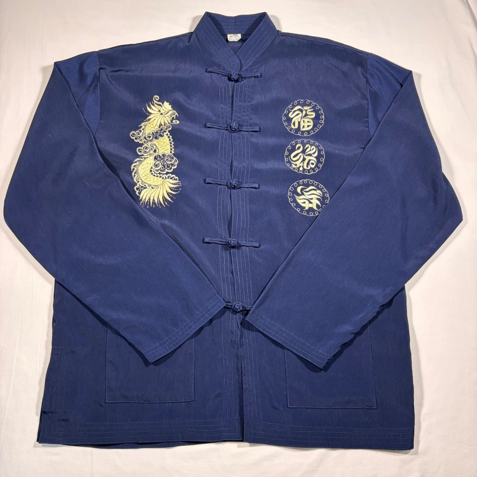 Mens 100% Silk Dragon Embroidered Tangzhuang Kung Fu Jacket Navy Blue XL