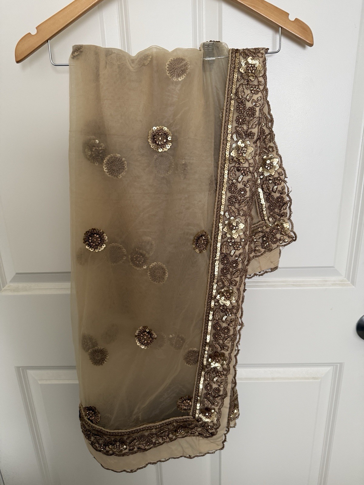 Beige Indian lehenga set Net Sequin Embroidered Set with Skirt Blouse Dupatta.
