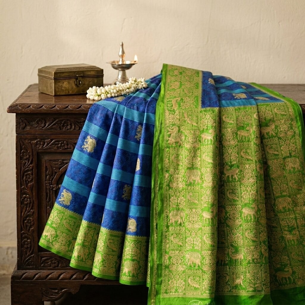 Sanskriti Vintage Saree Blue-Green Pure Cotton Animal Printed Craft Fabric Sari