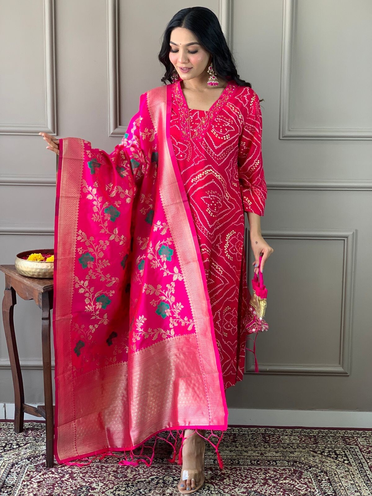 Red Bandhej Printed Kurta Palazzo Dupatta Set Handwork Salwar Kameez Readymade