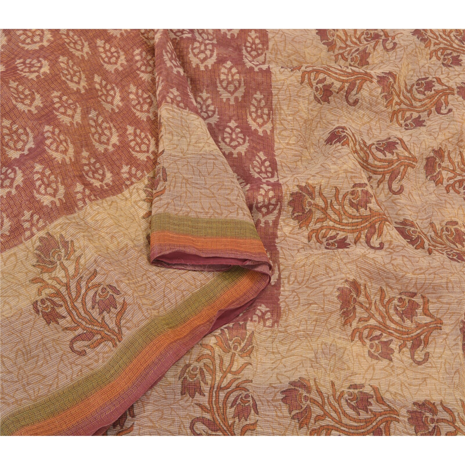 Sanskriti Vintage Brown Indian Sarees 100% Pure Silk Printed 5 Yard Sari Fabric