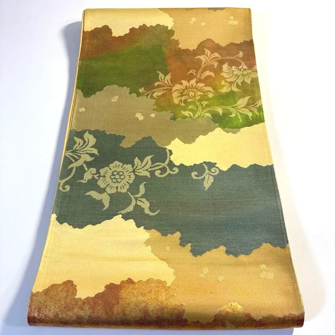 Silk Fukuro Obi Gold Beige Green Red Floral 414cm Japanese Kimono Used