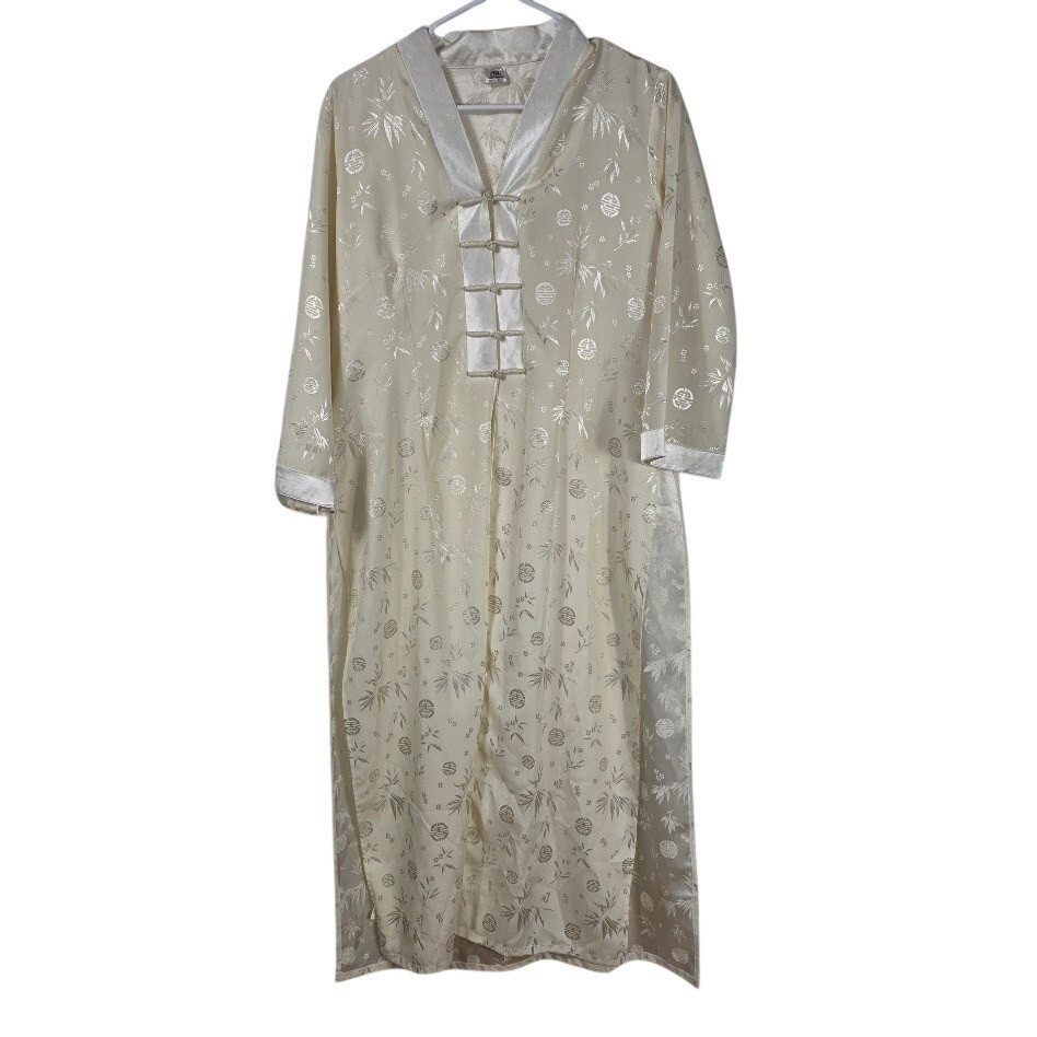 Silk Kimono Robe Womens Large Cream Bamboo Jacquard Long Kimono Loungewear