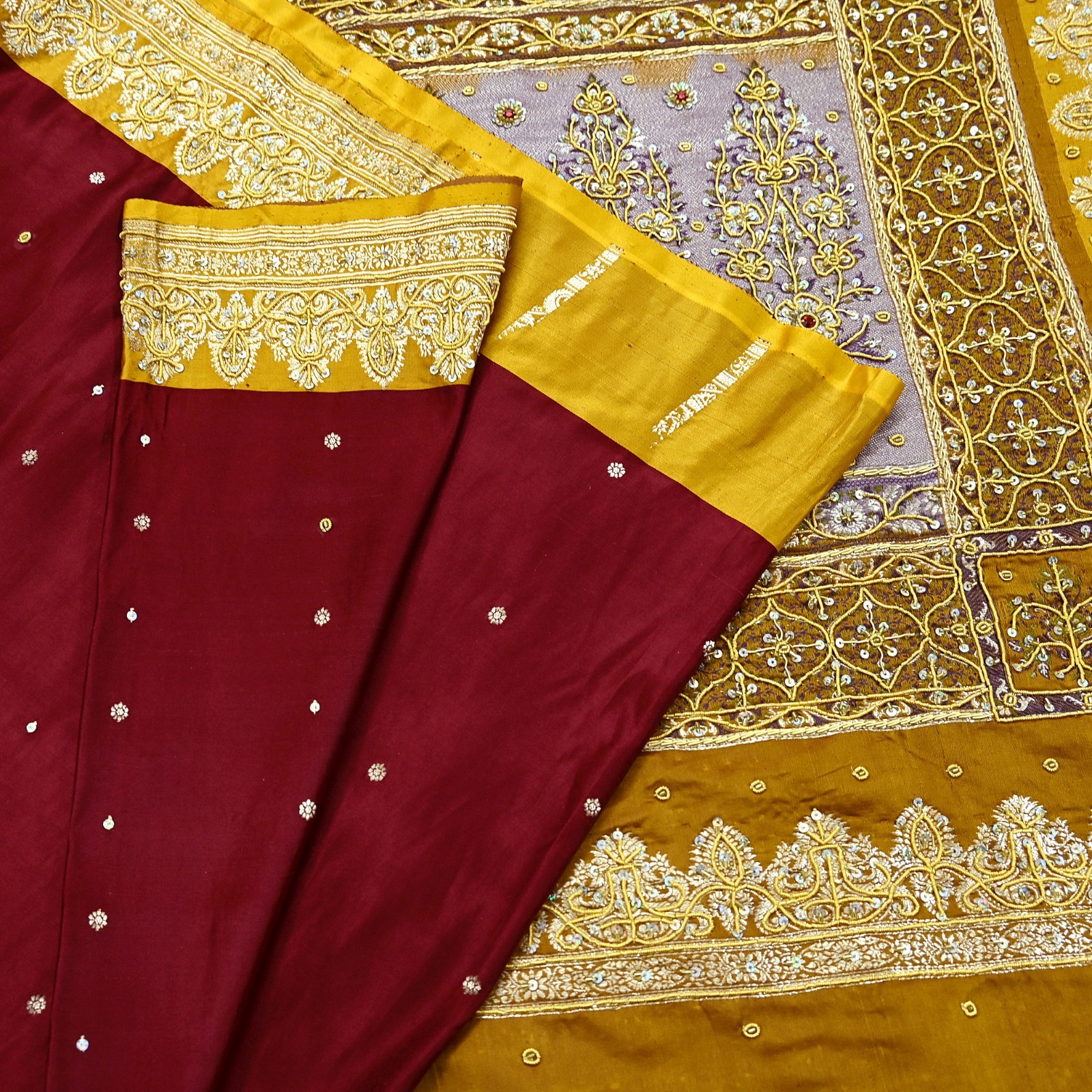 Vintage Heavy Saree Pure Satin Silk Hand Embroidered Banarsi Brocade Sari Dabka