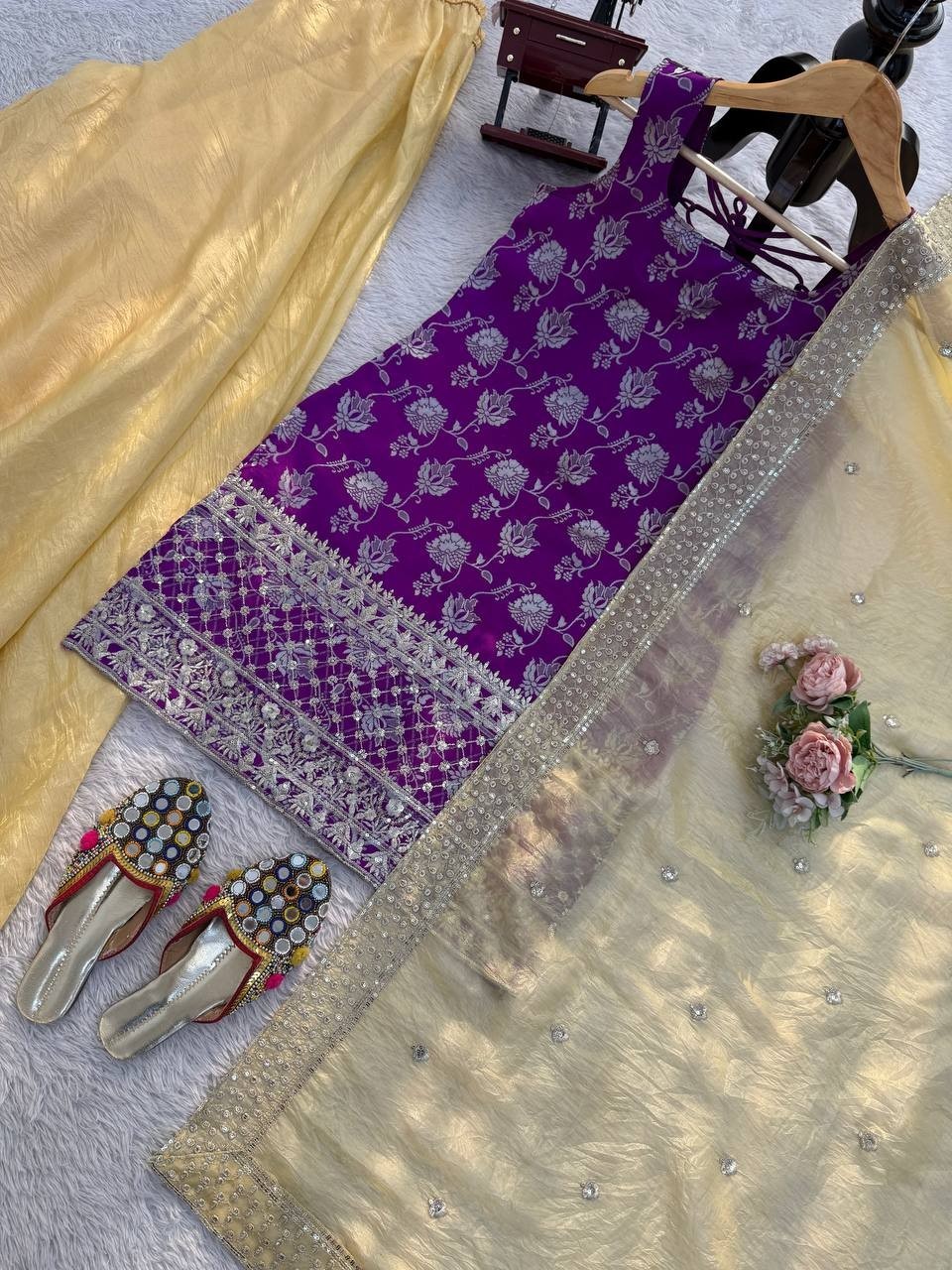 Presenting Latest Jacquard Purple Top Palazzo With Dupatta For Wedding Wear