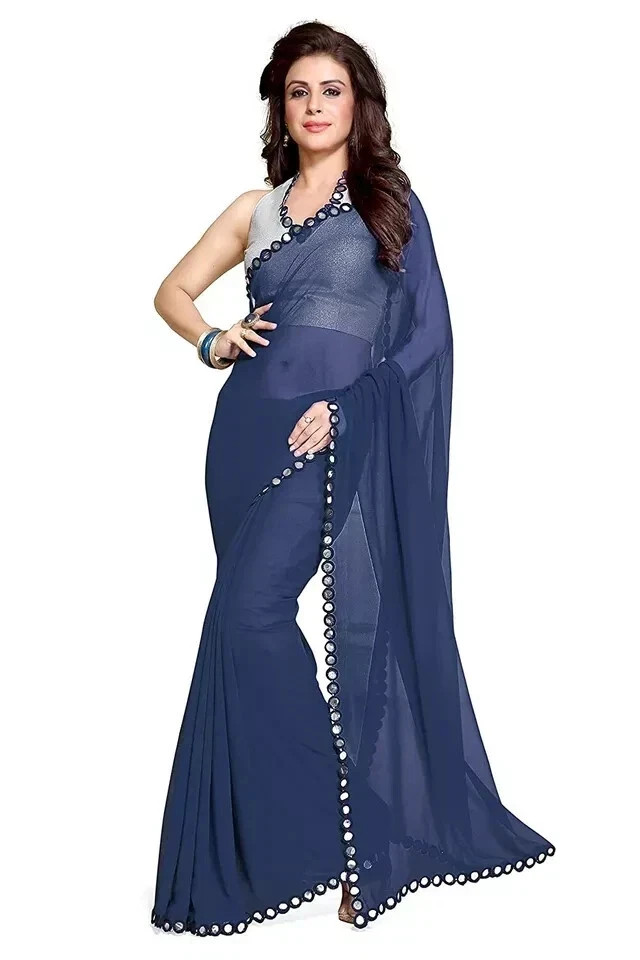 Women’s Georgette Designer Mirror Border work Plain Saree Blouse Navy Blue 1 Pcs