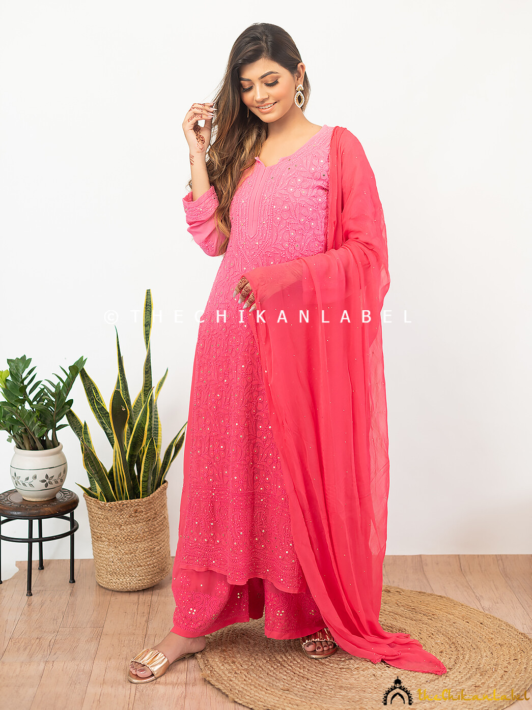 Candy Pink Sitara Viscose Hand Embroidry Chikankari Kurta Set Lucknow Chikankari