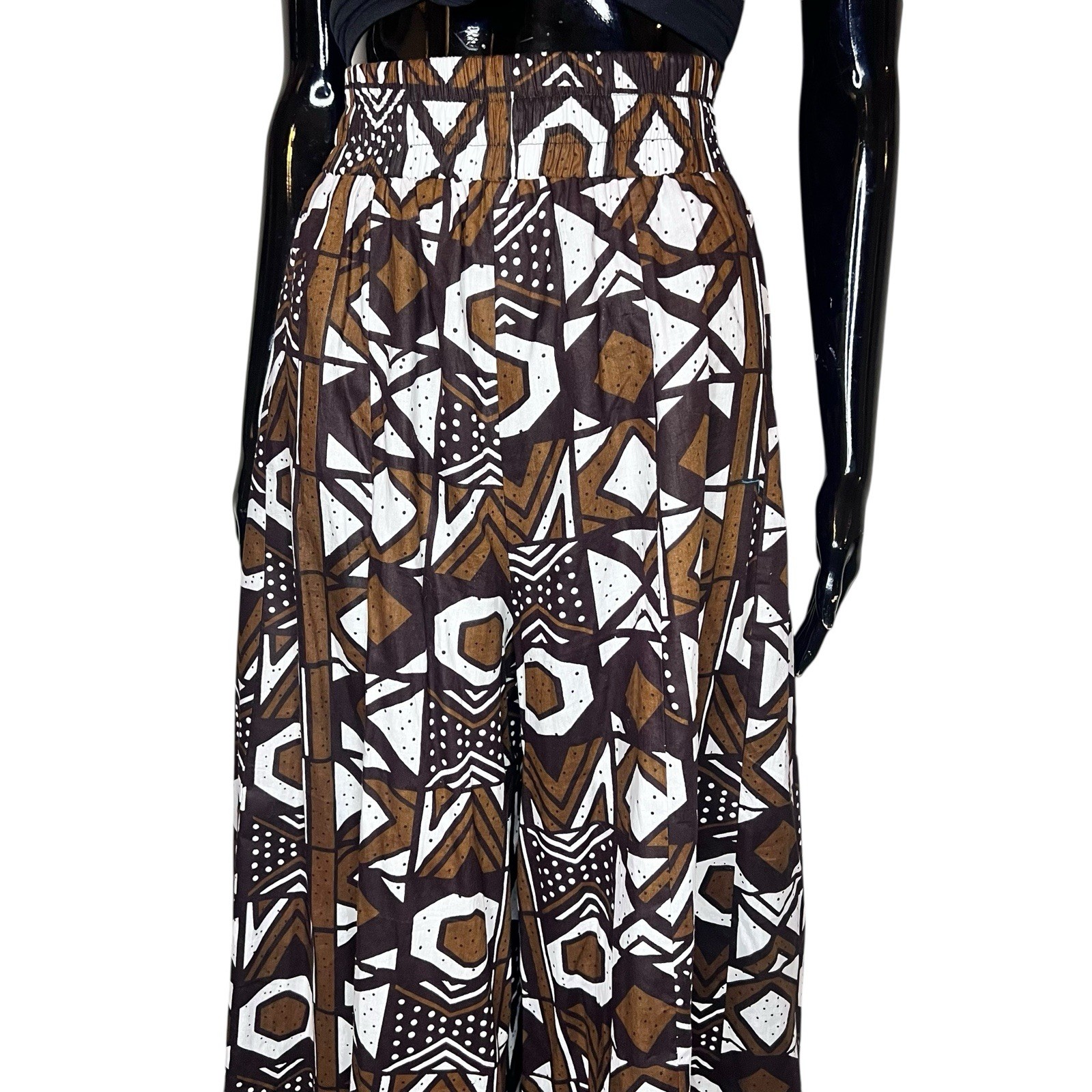 African Print Brown & White Tribal Mud Cloth Print Women Bell Gaucho Pants