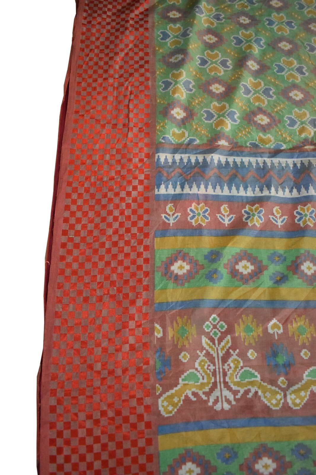 FNC Vintage Green Sambalpuri Ikat Sarees Handwoven Art Silk Sari Fabric Antique