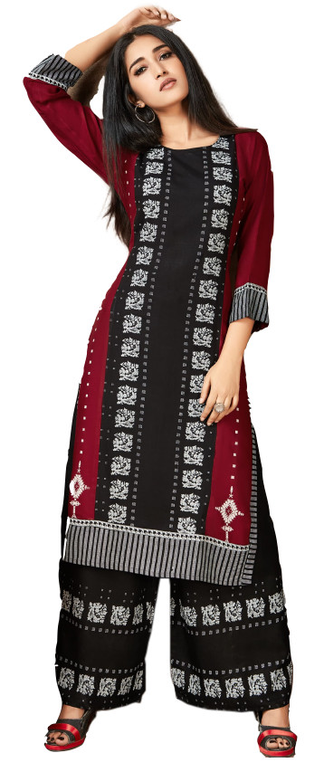 Women’s Party Wear Heavy Printed Kurtis with Printed Palazzos (Maroon/Black)