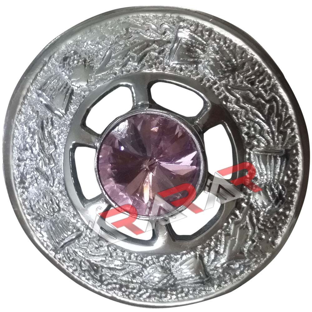 Scottish Brooch Kilt Fly Plaid Ladies Highland Pink Stone Chrome 2″ Emblem AAR