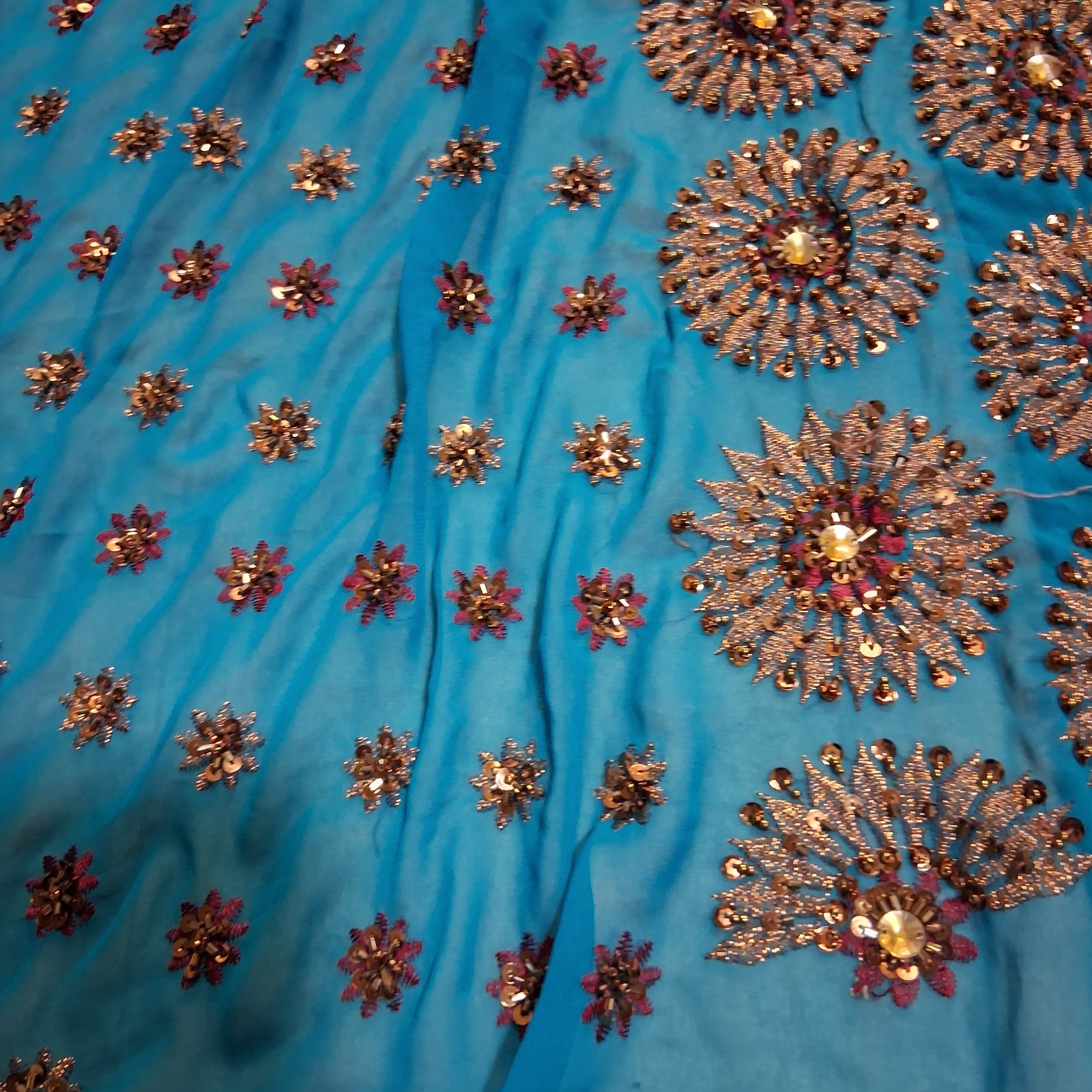 Indian Sari Saree Set Teal Blue Sequin Beaded Wedding Party w/ Blouse dress