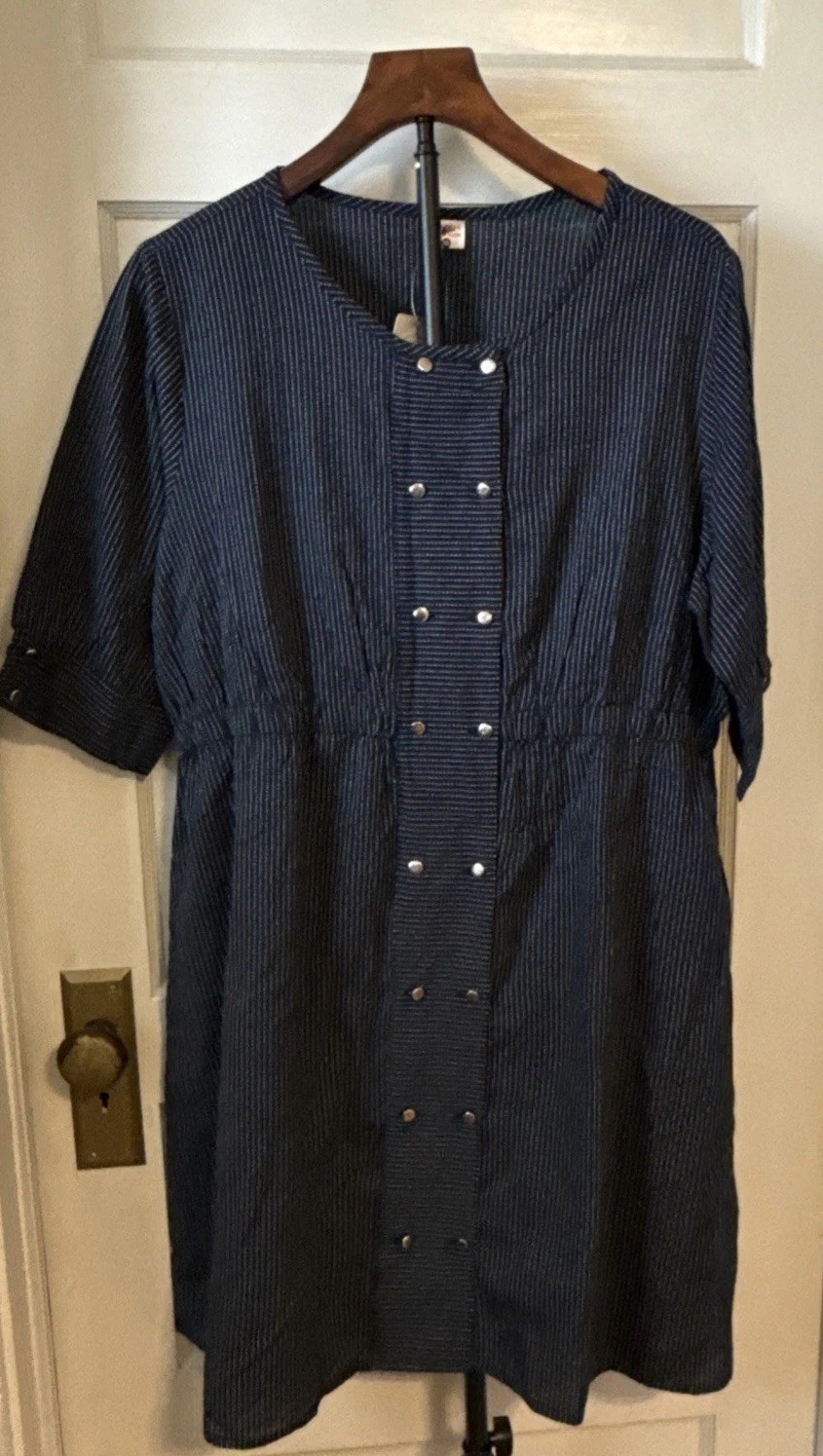 Yash Gallery Blue Striped Dress Top Button PLUS SIZE 3XL Elastic Waist
