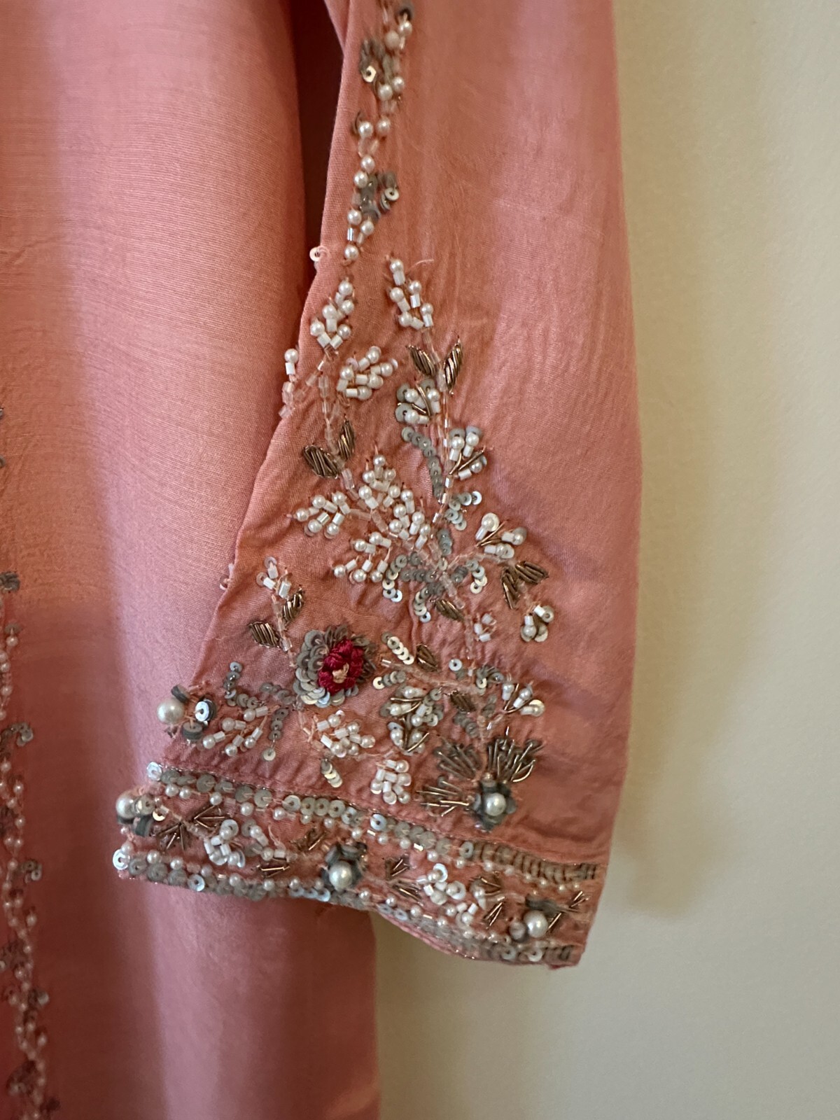 Sheep Peach Raw Silk Embroidered Shalwar Kameez – Size 14