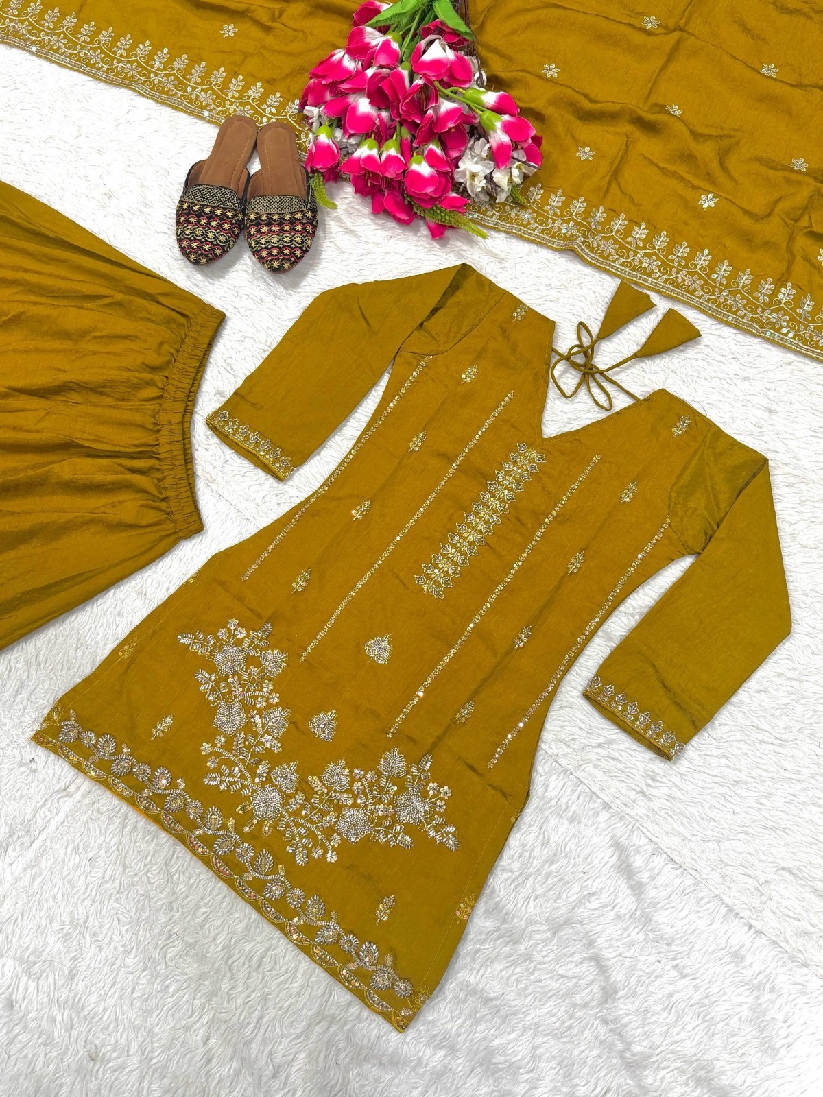 Launching New Heavy Vichitra Silk Kurta Palazzo With Dupatta For Women